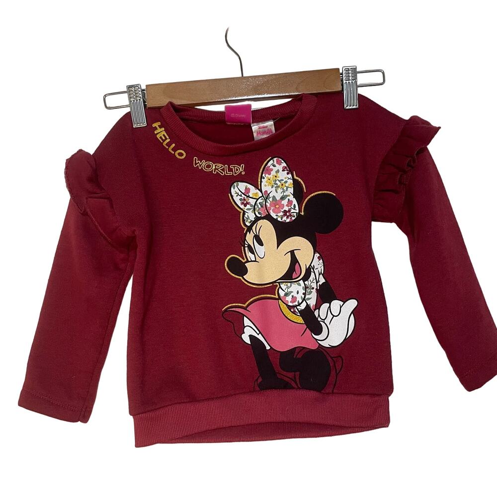 Disney Junior Maroon Minnie Mouse Sweatshirt Long Sleeve Girls 4T Sparkle Ruffle